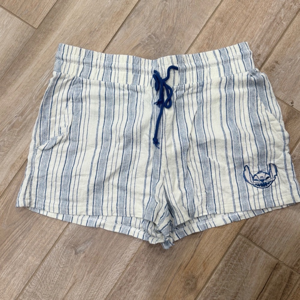 Disney Lilo & Stitch Blue White Striped Lounge Shorts Womens Large Embroidered
